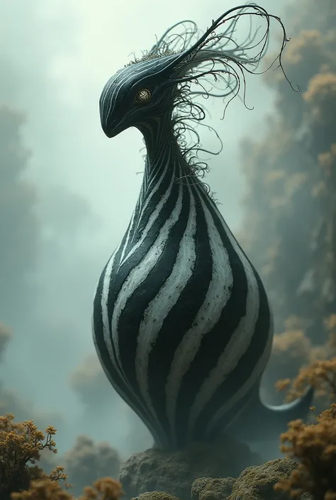 A creature with black and white stripes and its teardrop shaped