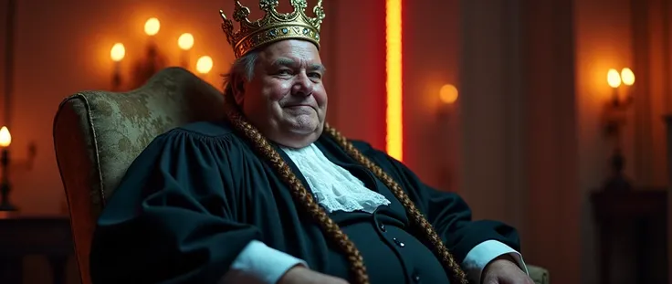 high fashion photography of a overweight old man as an ((accountant)) with ((Dutch braids)) Adorned with a crown,  symbolizing royalty and authority with gemstones and metals,  dressed in black judges robe,  white collar,  dimly lit room,  blurred decor,  ...