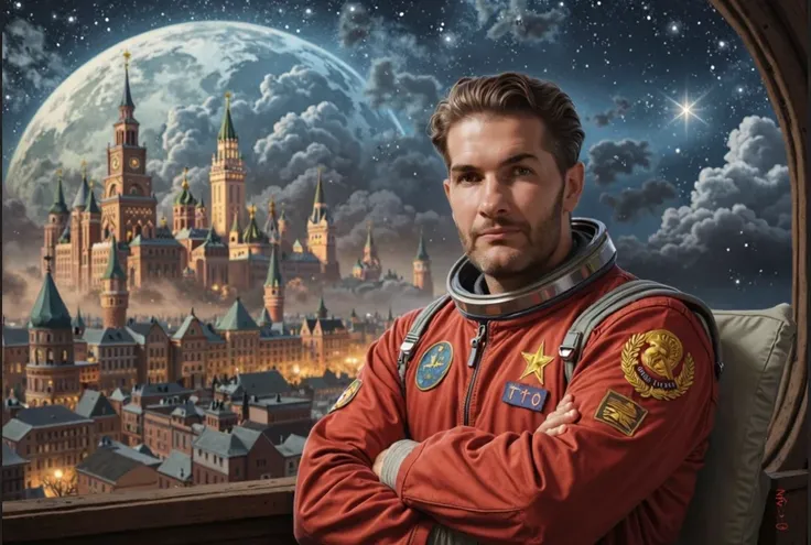 illustration of 40-year-old man with a beard and crossed hands, looking at the camera, space suit with the coat of arms of the Soviet Union, on a space ship,  distressed backdrop with rough edges features a starry night sky with scattered clouds, and dream...