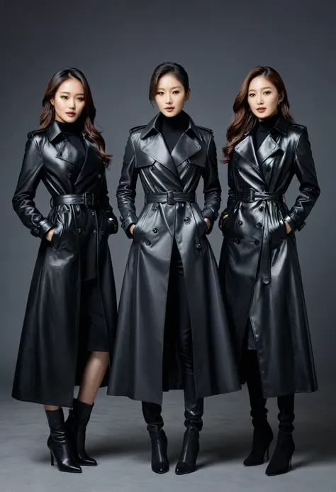 here is an artistic representation of three 4 korean fashion model actresses wearing hyper-realistic black leather long gloves a...