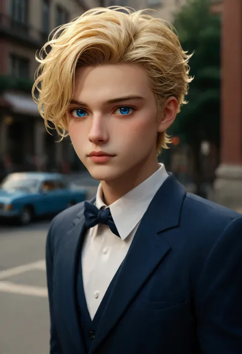 a man, in a dynamic pose wearing an expensive and fashionable outfit blonde hair sharp blue eye, designed by Gucci::3, tumblr, inspired by Yanjun Cheng style, digital art, internet boy lofi meme, trend in dezeen, catalog photo, 3 d render beeple, rhads and...