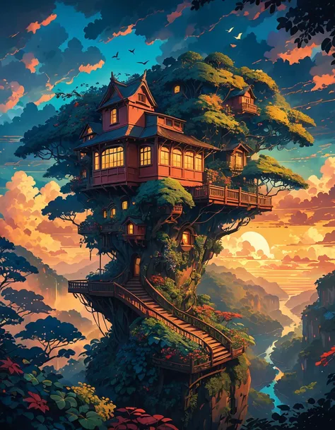 aerial view, a fantasy scene, treehouse on top of gisnt cliff, covered with bushes and flora, red and yellow sky, warm lit windows, evening time, magical, dense jungle below, birds flying home, lofi, cloudy bluish dark sky, vibrant tones, no one, moody wea...