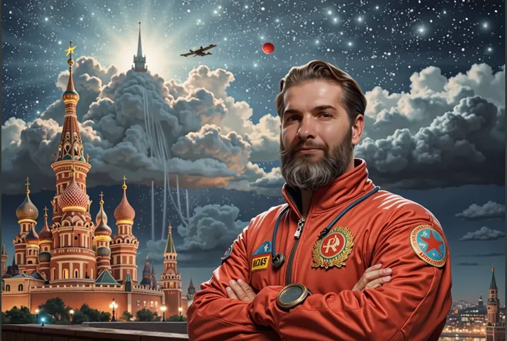 surreal illustration of 40-year-old man with a beard and crossed hands, looking at the camera, space suit with the coat of arms of the Soviet Union, on a space ship,  distressed backdrop features a starry night sky with scattered clouds, and dreamy retro-f...