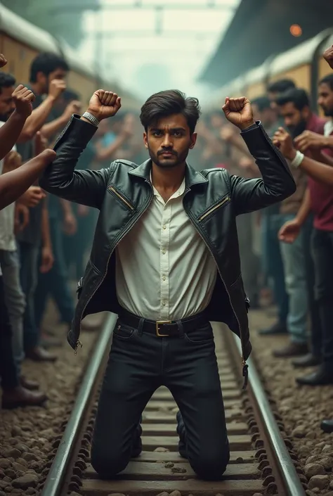 Side view of  a 20 year old indian young male wearing long sleeve white shirt black denim trousers and fasionable buckle belt leather jacket kneeling in the railway station with his hands raised straight high up.  Angry people surrounding him