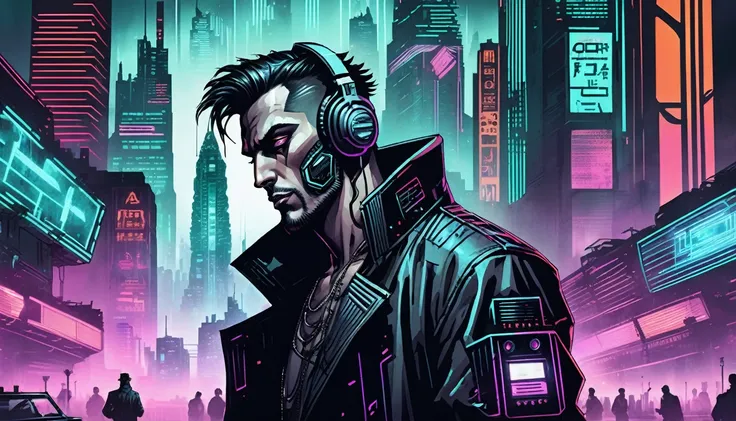 an old-school cd cover with a cyberpunk aesthetic. it shows a person with a futuristic and dark look., listening to an old radio...