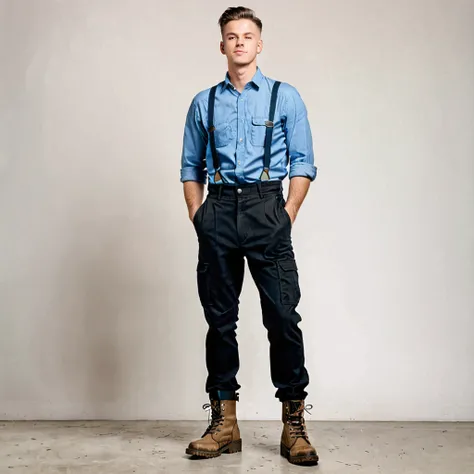 A  guy, wearing a blue shirt, suspenders, black pants, military boots, standing at full height 