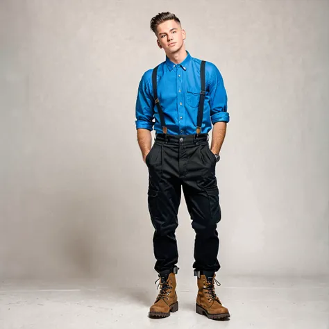 A  guy, wearing a blue shirt, suspenders, black pants, military boots, standing at full height 