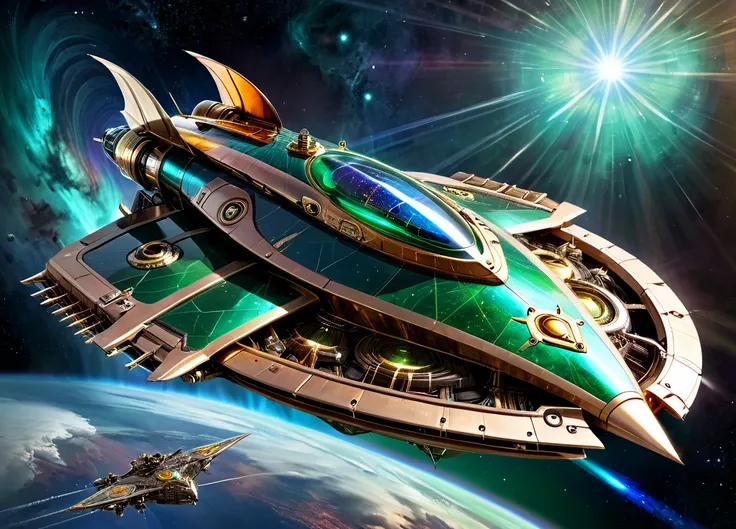 concept art. medium shot. a steampunk starship with metallic gold green marble hull. medium shot. steampunk-inspired sci-fi illu...