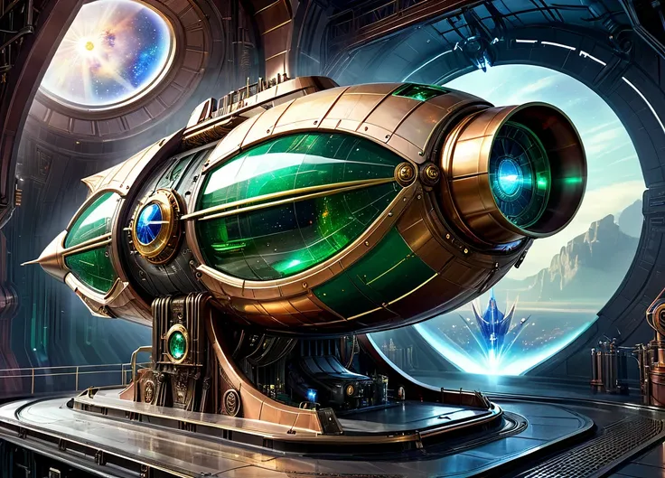 concept art. medium shot. a steampunk starship with metallic gold green marble hull. medium shot. steampunk-inspired sci-fi illu...