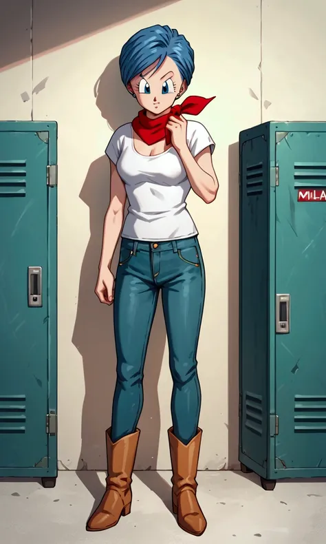 original style, bulma, short hair, blue eyes, blue hair, white short-sleeved shirt, jeans, red kerchief around the neck, cowboy ...