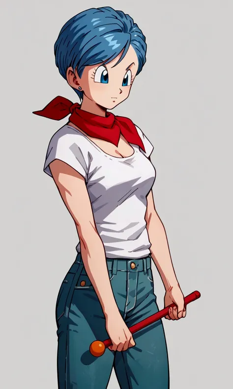 original style, bulma, short hair, blue eyes, blue hair, white short-sleeved shirt, jeans, red kerchief around the neck, cowboy ...