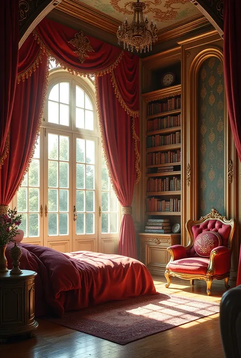 light-filled bedroom in Aretia. Big windows, thick velvet drapes, wall-to-wall bookshelves, massive bed.