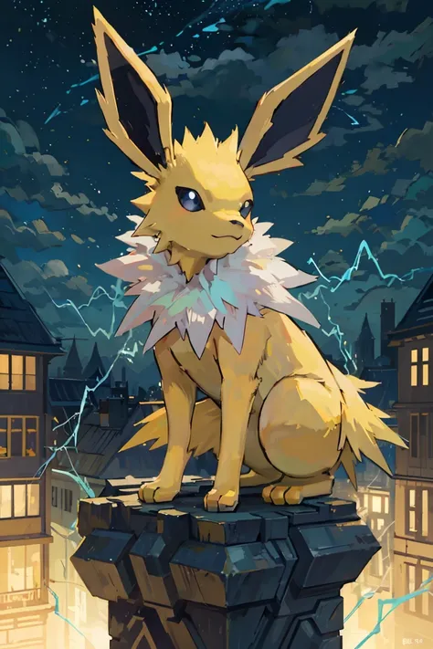 One Jolteon sitting in roof of pokemon center building, is surrounded by electric sparks. In the night with full moon, epic pose, cinematic lighting, volume lighting, bright tone, warm color, colorful,, masterpiece, super detail, high quality, award winnin...