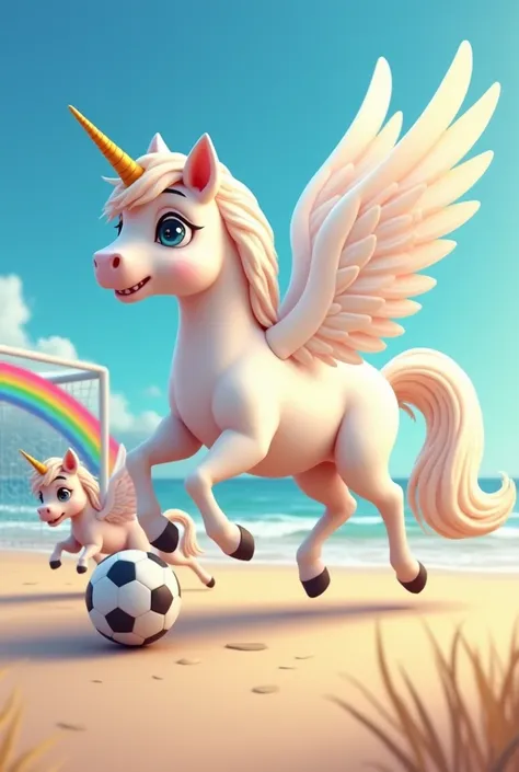 pegasus, with soccer ball, at beach, playful, baby pegasus, adorable, soccer goal made out of rainbow,