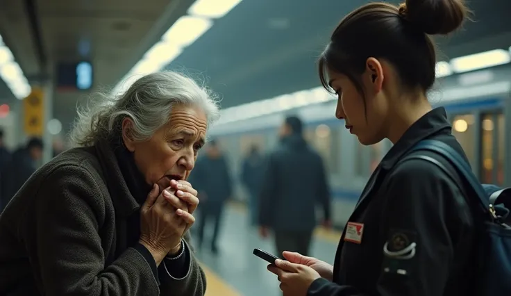 An elderly woman with graying hair, looking frustrated and helpless while speaking with a young, distracted station employee. Realistic photo, —ar 16:9