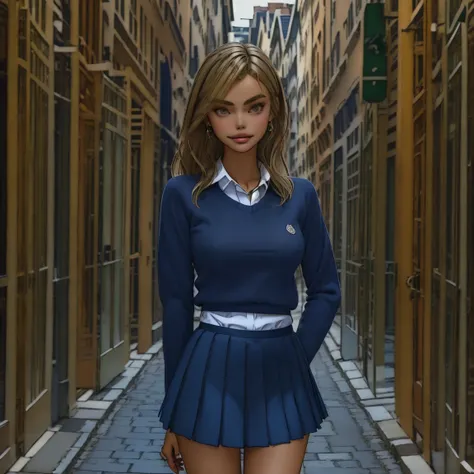 slmn, 1girl, skinny, masterpiece,best quality,highres,ultra-detailed,aadarjeeling st. glorianas school uniform, (navy blue sweater), emblem, collared shirt,long sleeves,pleated miniskirt,outdoors,standing,:smile,cowboy shot,