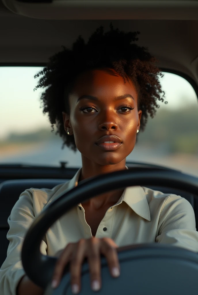 Une jolie femme noir en chemise assise dans une voiture 