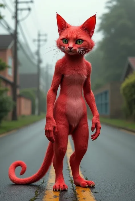 A cat is standing on the road, with a human body, the color of the cat is strawberry.