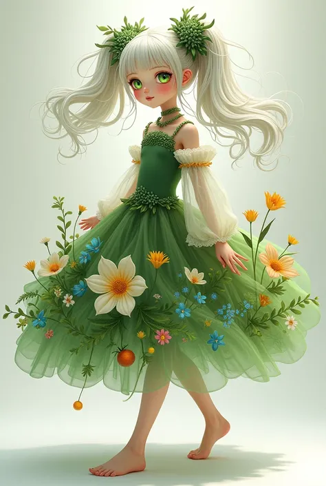 a girl she has green eyes with pupils shaped like blooming flowers, she has long wavy hair tied in pigtails, her hair is white with black highlights. She wears a green dress with light transparent sleeves, the skirt of the dress is composed/made of differe...