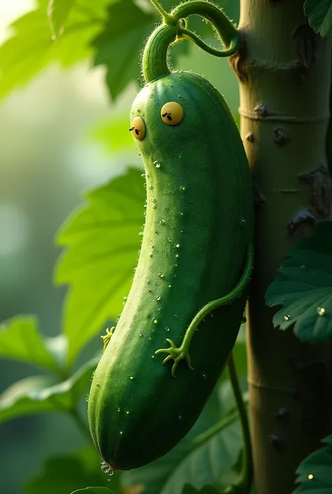 A cucumber on a tree 


