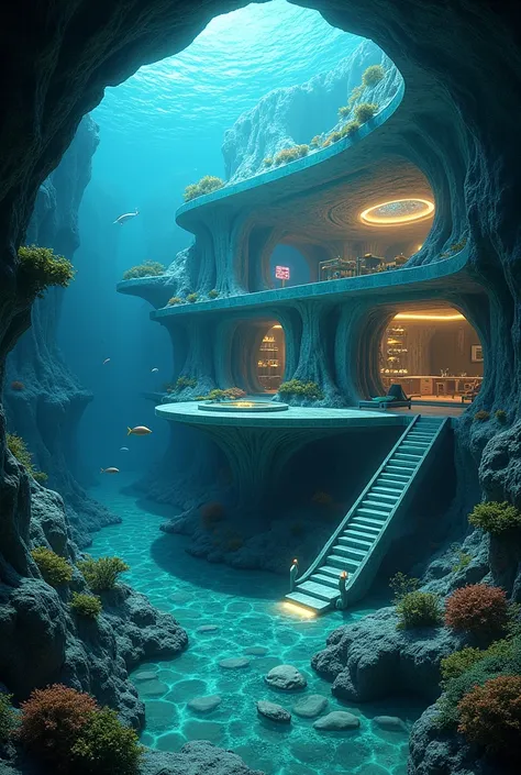 Aquaman&#39;s house under the sea with three separate spaces, one is for training, another for rest and the last one is an area for friends. Upper coast of the house 