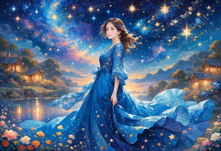 The image portrays a figure dressed in a flowing blue gown embellished with star-like elements, set against a starry night sky. The background features a captivating display of cosmic elements, including a bright, star-filled galaxy stretching across the s...