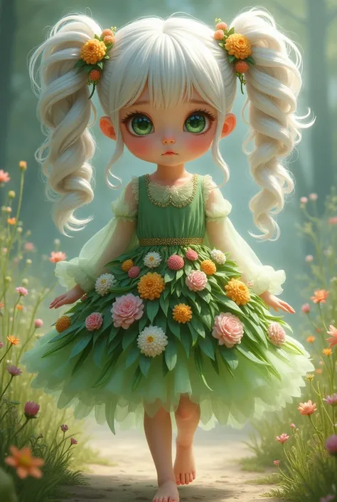 a girl she has green eyes with pupils shaped like blooming flowers, she has long curly hair tied in pigtails, her hair is white with black highlights. She wears a green dress with light transparent sleeves, the skirt of the dress is composed/made of differ...