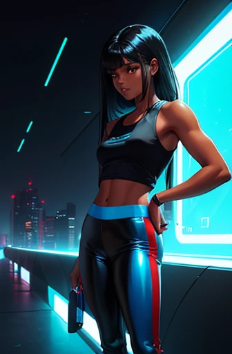 high qualiy, Youngh, glad, ssmile, darkskin, grey-eyed, short white sleeveless t-shirt, tight leather pants, red and blue sneakers, long straight shiny black hair, a futuristic landscape, neon lights