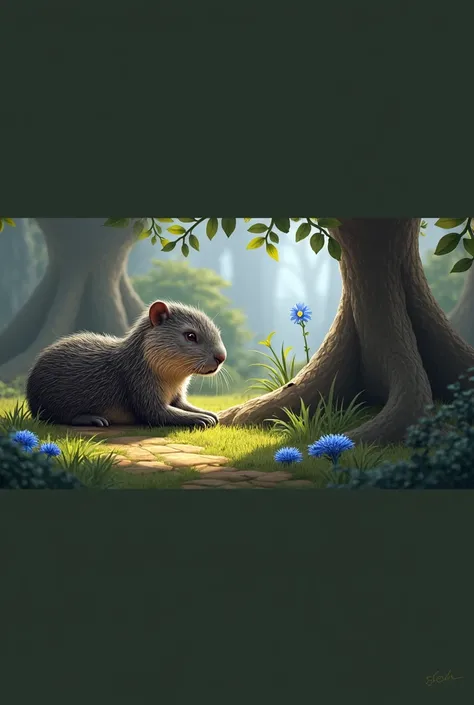 Magnificent style, Digital Art, extra detailed Digital Art, wallpaper, A young capybara lying next to a small blue bush, Capybara&#39;s fur is black, White and brown, Daylight Saving Time, Short green grass, Small Flower, Capybara behind the tree base, sho...