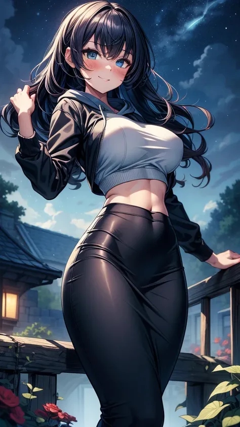 ((((masterpiece, best quality, high detail)))), beautiful woman, bright blue eyes, shy, full-face blush, seductive smile, smirk, smug, solo focus, (large breasts), long wavy hair, (dark blue hair), hairpin, ((blue hoodie)), black maxi pencil (((skirt))), b...