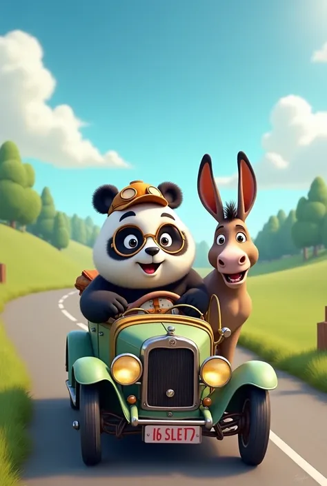 Create a panda driving a car and giving a ride to a mule