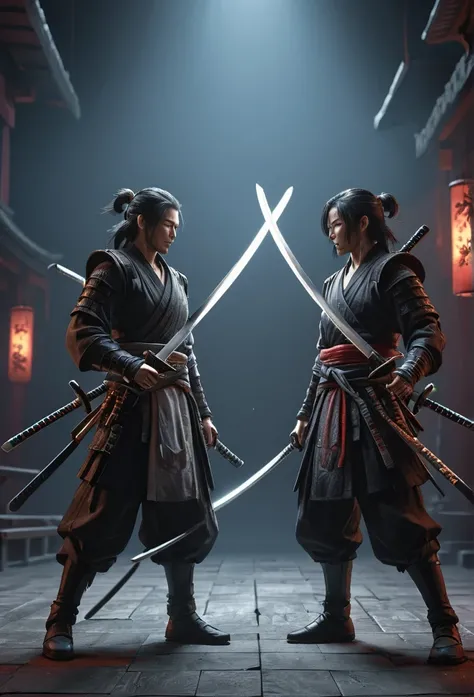 a detailed fantasy scene of two katanas, one black and one white, with black accents, highly detailed, cinematic lighting, dramatic camera angle, intricate textures, photorealistic, 8k, HDR, physically-based rendering, professional studio lighting, vivid c...