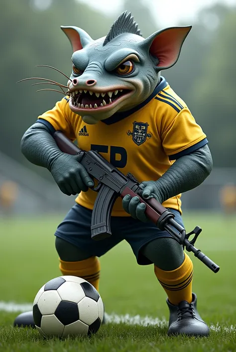 make an image of a team mascot that is the captain of the boys who has the head of a catfish, has a soccer ball under his foot and an ak in his hand, with an "Ep" written on the shirt (the shirt has to be yellow, on a football field background)