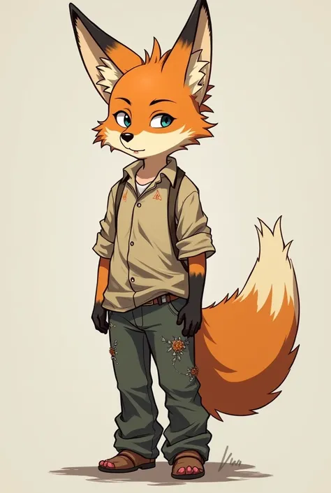 [Version anime] A boy who is 20 years old, has a human head, fox ears and a fox tail, Orange. He has a badly worn shirt and pants.. 