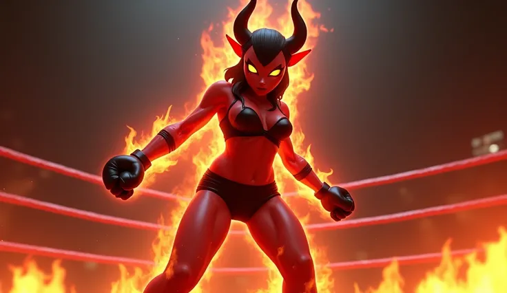 In a boxing ring under bright lighting, The Devil angry and screaming. The devil, with eyes that shine like burning embers, She is wearing black underwear and gloves, His muscular, reddish body enveloped in bright black flames, in a 3D animated style