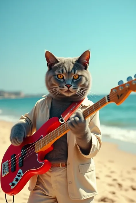 a grey cat playing a red bass at a beach. The cat wears light summer clothes. the beach in the background is a little blurry.  Blue sky, sunshine. cinema style. sun lighting, photographed with a Canon EOS-1D X Mark III, 50mm f/1.4 lens