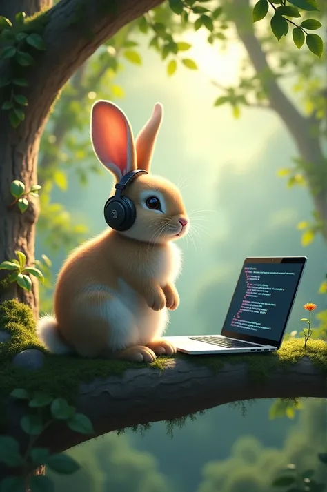 Create a pic of rabbit lisning music using headphone setting on the branch of tree and having macbook and doing coding in c++