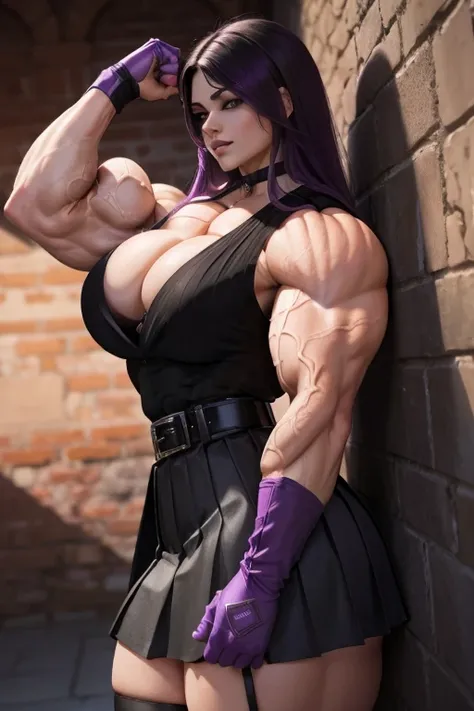 ((Close-up)), tall, (violet purple hair) beautiful muscular woman, long hair with long bang, pale white skinned, closed smile, (black lipstick), (massive muscles), (hyper muscle), ((ginormous bulky muscles)), black eyes, ((((violet blouse)))), (((black lon...