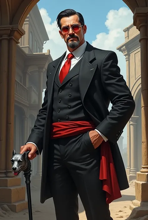 I would like a man with short black hair, well-dressed,round glasses with red lenses on his face, a mustache, and a goatee. He is white and wears a black suit with a red tie and a red cloth tied around his waist. He holds a black cane with a silver dog’s h...