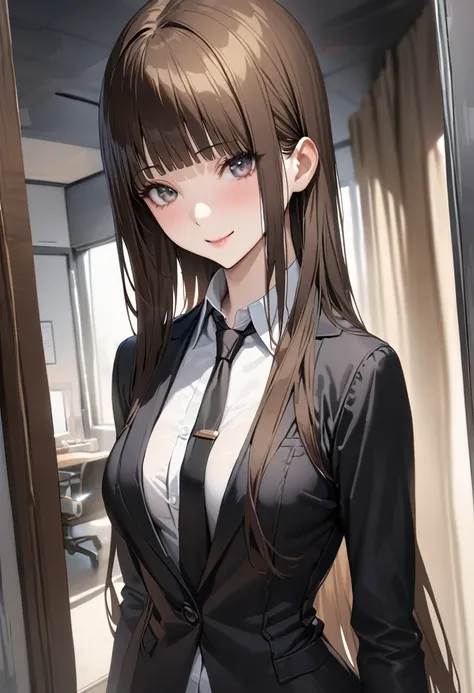 ((masterpiece,best quality anime,Highest quality:1.3)),realistic,portrait,cowboy shot,1 bueatiful woman,独奏, office worker,((very small head:1.4)),((very long body:1.3)),straight long hair,(dark brown hair),bangs,(gorgeous cute eyes),gray eyes,smile,((slend...