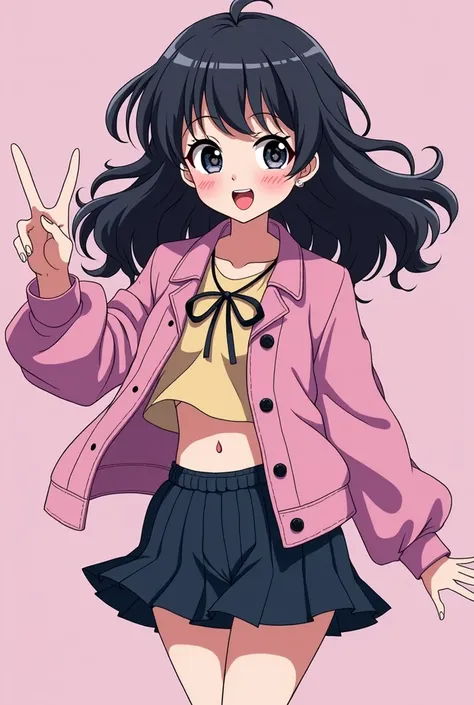 1 solo young teen girl, pastel goth e-girl, cute excited pose, black upper lipstick, black hair and wavy, pale skin, near black eyes anime style, shonen style, shoujou style , full body, anime style, thick outlines, anime style, shonen style, shoujou style...