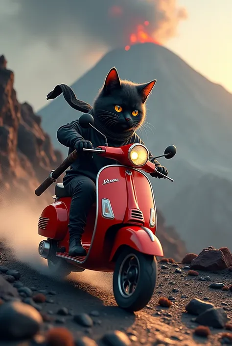 Ninja cat on a vespa riding down a volcano 