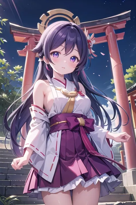 One Girl, alone，Anime screenshots，Ray Tracing，Global Illumination，ultra hi resolution picture，Bright colors，Lens flare，Glowing Eyes，Written boundary depth，Detailed Background，cute，Looking into the camera，shrine，torii，Bamboo basket，Nozomi Tojo，Big Breasts，M...