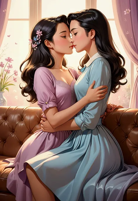 Detailed modern style illustration, an idyllic manga style image of two women in love, both dressed in 1950s style, facing each other in an elegant living room, one is a beautiful British woman with semi-long light brown hair dressed in a beautiful light b...