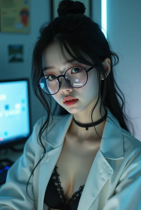 Korean girl, spectacles , on computer table , fantasy make up, black hair, black bra,white shirt overcoat 