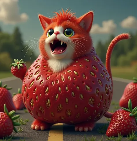 A cute female fat cat is standing on the road, with a human body, The cats body covered is made of strawberry fruit 