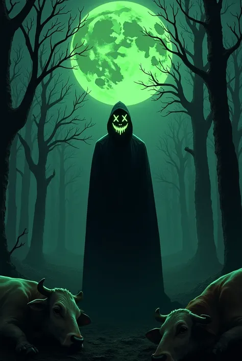 A black shadow wearing a neon green halloween mask in a dark and gloomy forest with dead cows around and a huge dark moon with hahaha joker writings inside the moon