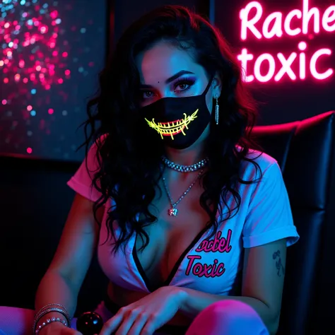 GTA style , Perfectly beautiful girl, Russian girl, ((black and white hair )), ((perfectly long hair)), curly long hair, big eyes, complex makeup, perfectly big eyes, ((in a medical mask with a neon sinister smile )), jewelry, ((in a blouse and leggings)) ...