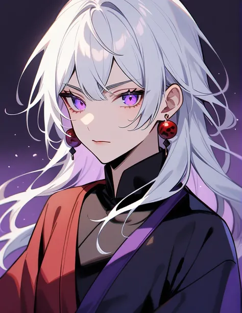 White haired jujutsu sorcerer, purples eyes, black and red uniform, and wears earrings.