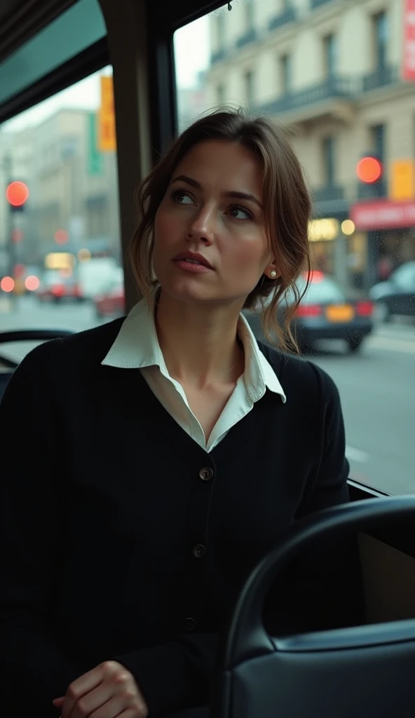 Paula in a black sweater and white shirt took the bus to work. She was always absorbed in her thoughts, worried about the problems of the day. 